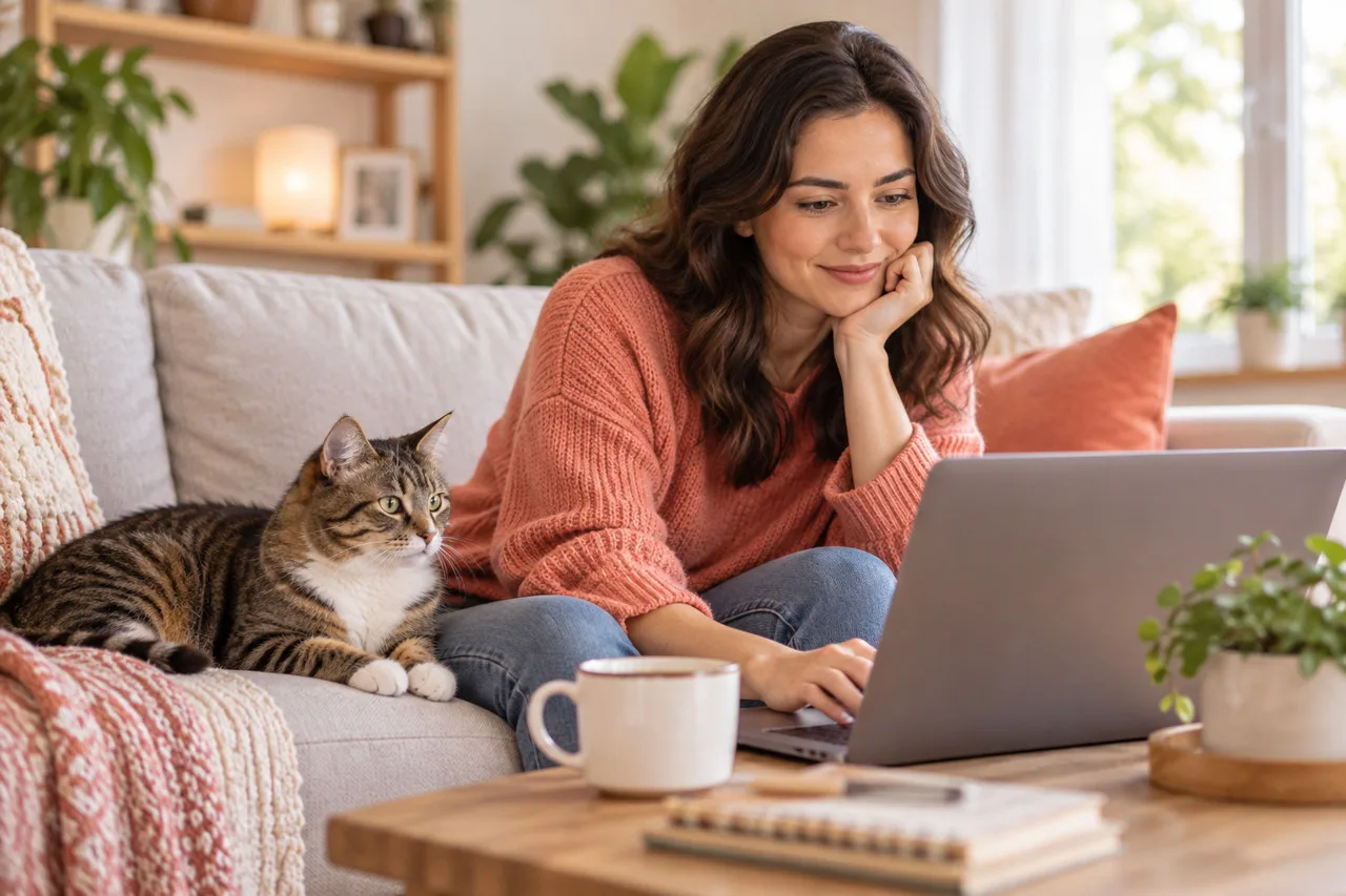 Owner using a laptop beside a cat