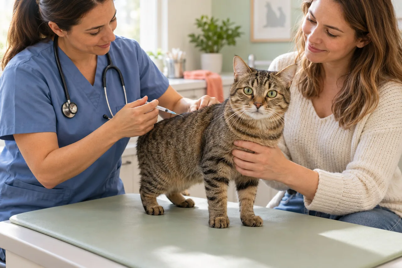 Veterinary professional examining a tabby cat with its owner nearby